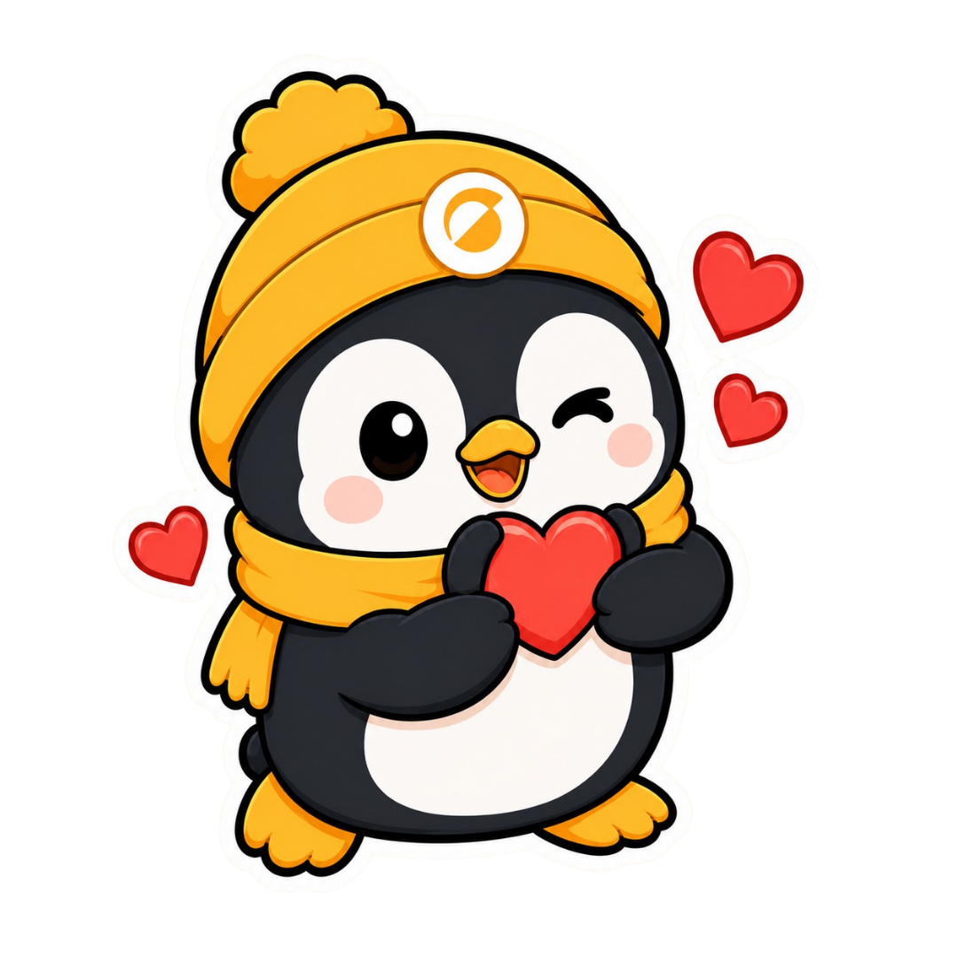 Sunshine Family penguin mascot holding a heart