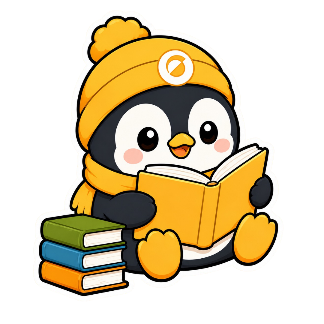 Sunshine Family penguin mascot reading a book